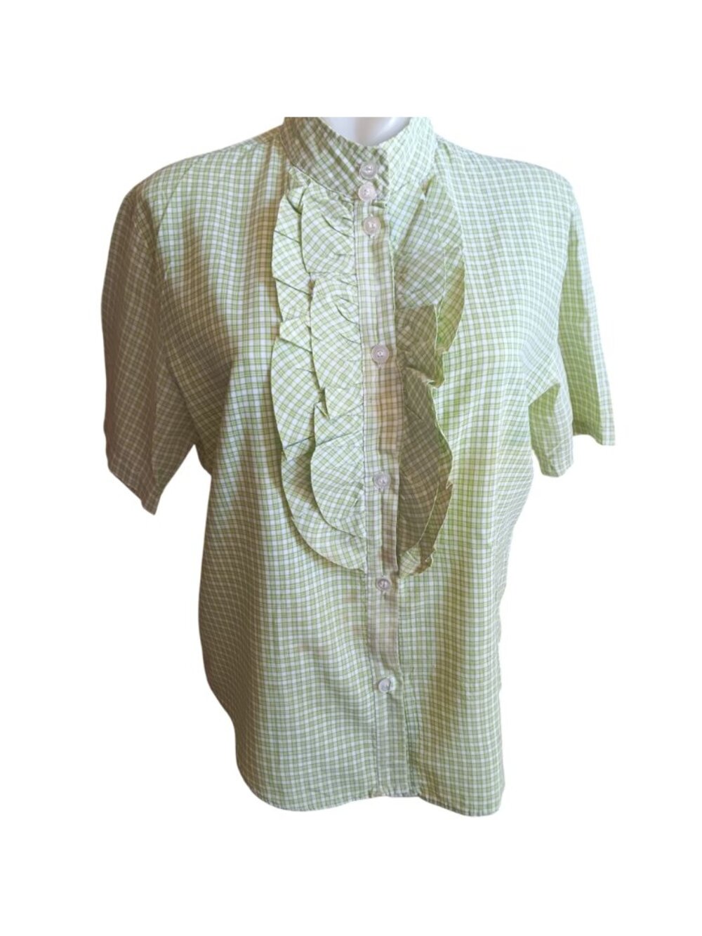 True Vintage Top Large Green Plaid Short-Sleeve Ruffle Blouse High Collar 1970's